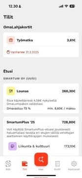 SmartumPay-sovelluksen Tilit-näkymä. OmaLahjakortti näkyy sivun yläreunassa.